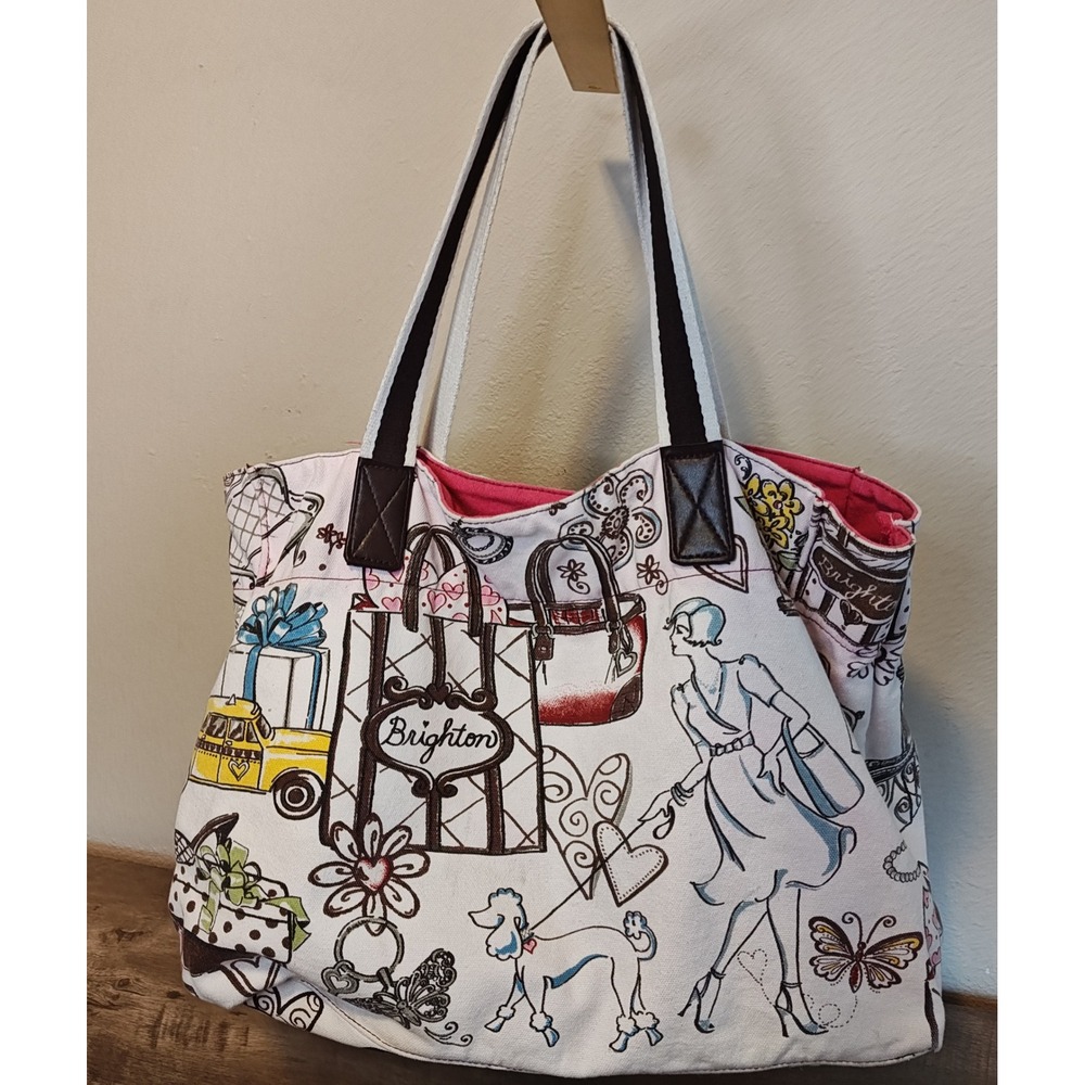 Brighton Whimsical Shopping Girl Poodle Canvas Tote Bag White Pink Brown Large